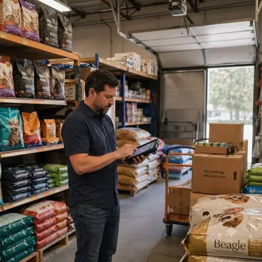 Pet shop manager checking received inventory on a tablet near organized pet food stock