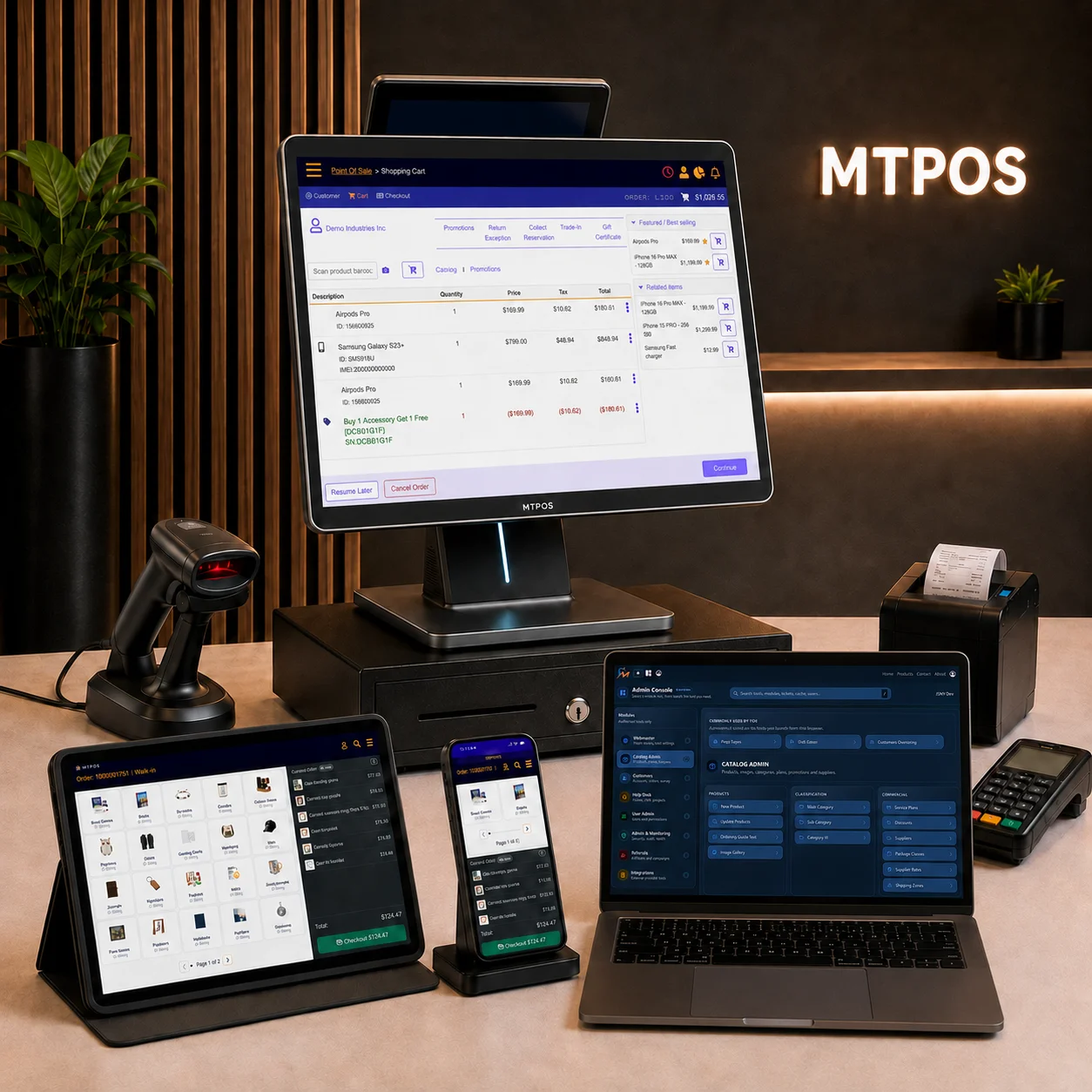 MicroTelecom platform shown on desktop, tablet, smartphone and payment terminal for Fast CMS, ecommerce, POS, mobile POS and service desk software