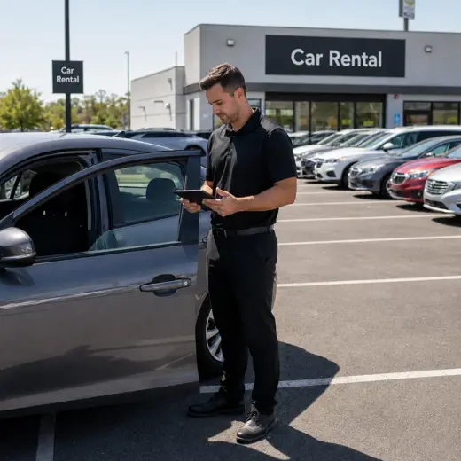 Rental services employee checking a vehicle with a tablet