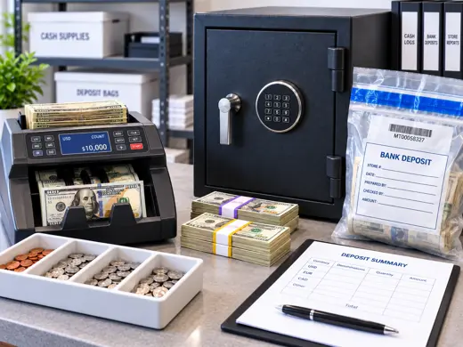 Secure retail cash safe with deposit bag, cash counting equipment, coins and bank deposit documents