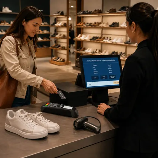 Shoe store manager organizing footwear sizes colors and widths in MTPOS