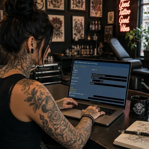 Tattoo shop employee checking shelves of aftercare products and studio merchandise with a protected tablet