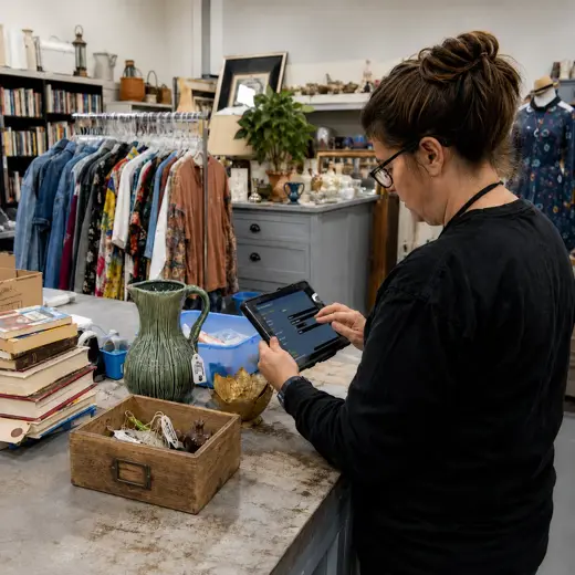 Thrift store employee checking unique furniture, apparel and collectibles with a protected tablet
