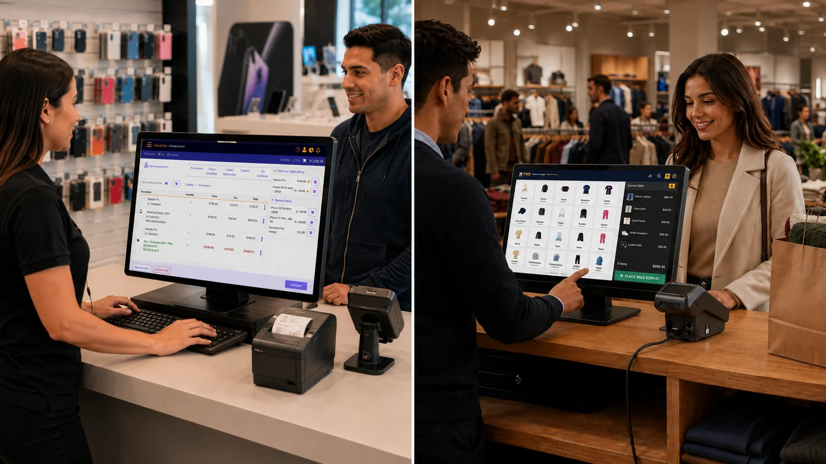 MTPOS point of sale software showing direct ordering and visual quick-sale checkout workflows for different retail business types
