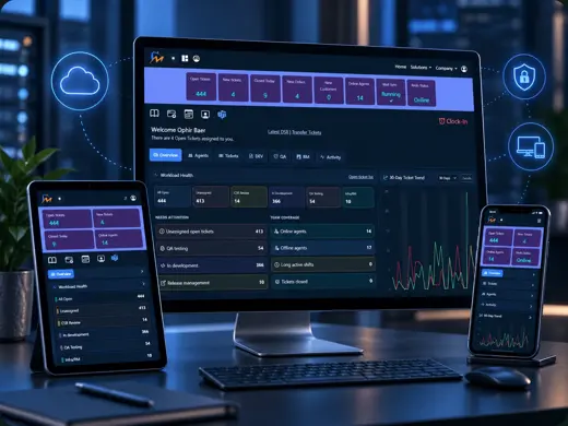 MTPOS enterprise dashboard displayed across desktop, tablet and mobile devices