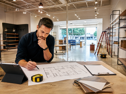 Retail store owner planning the layout and setup of a new retail store