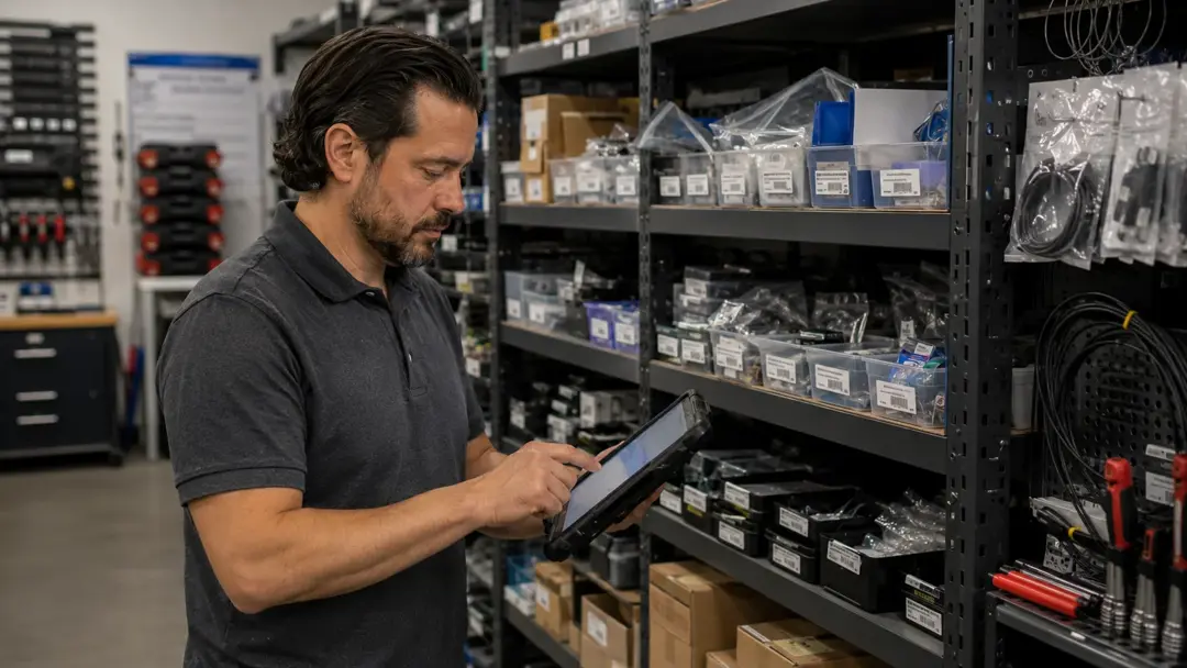 Repair-services employee checking parts inventory with a tablet