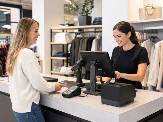 Retail employee serving a customer at a modern POS  checkout counter