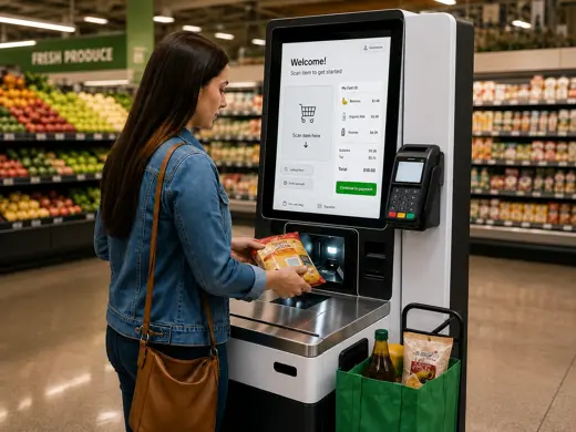 Customer using a modern retail self-checkout kiosk powered by MTPOS