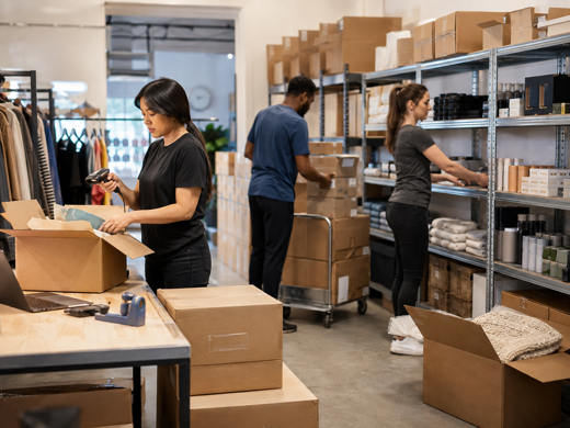 Retail staff receiving, scanning, and organizing inventory in a store stockroom