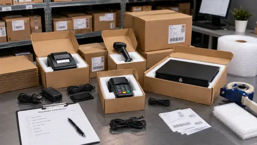 POS hardware including receipt printer, barcode scanner, payment terminal and cash drawer packed securely for shipment