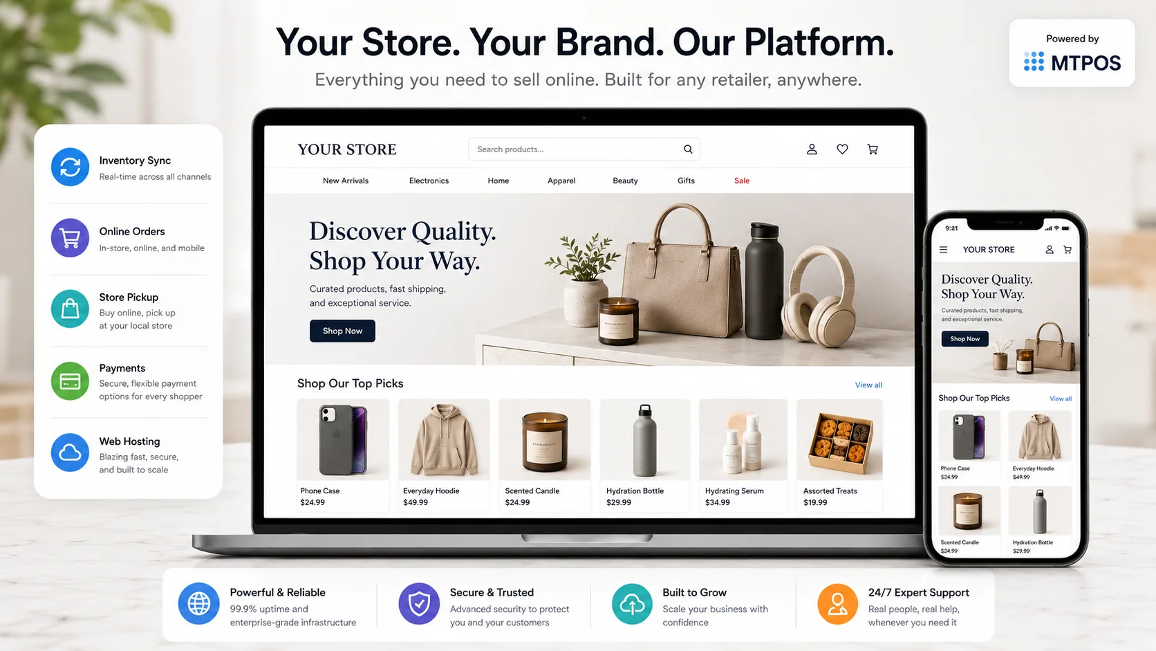 MTPOS customizable ecommerce platform for products, services, subscriptions, customer accounts and online ordering